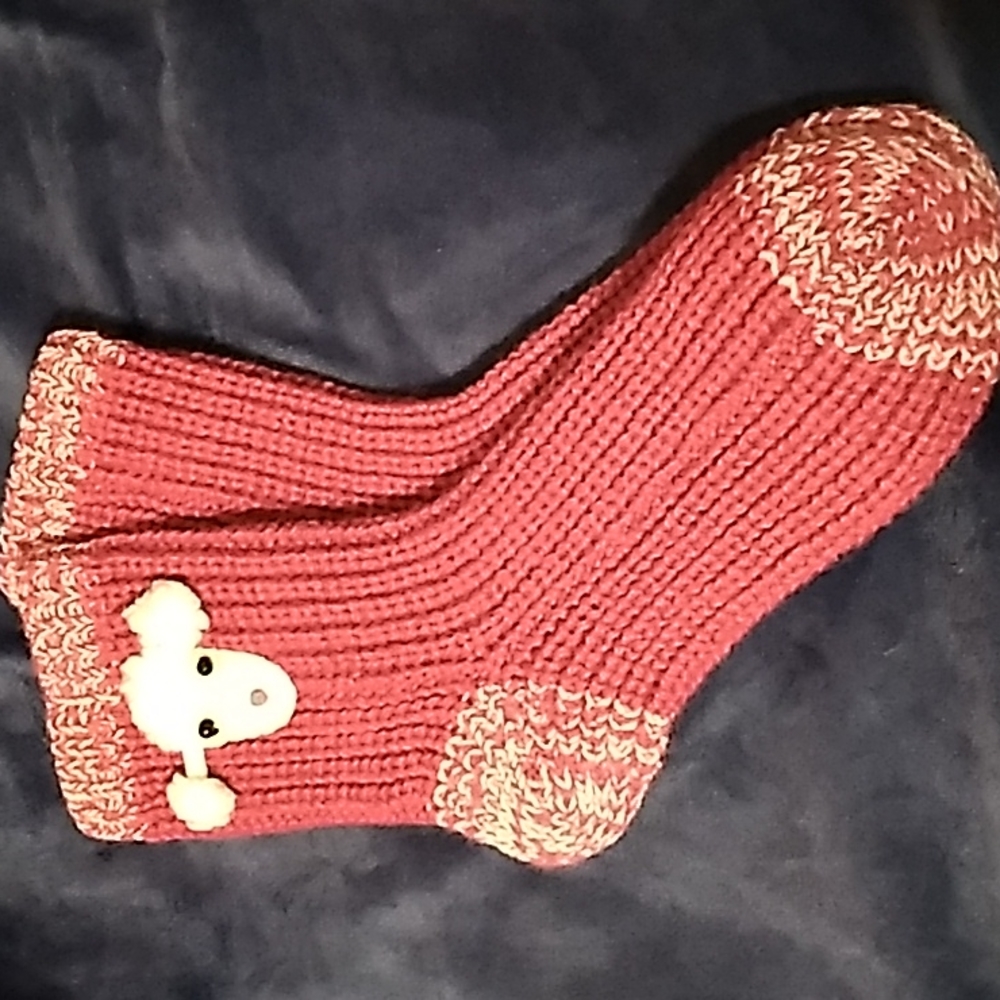 Red Knited Slippers Embellished with a Lamb